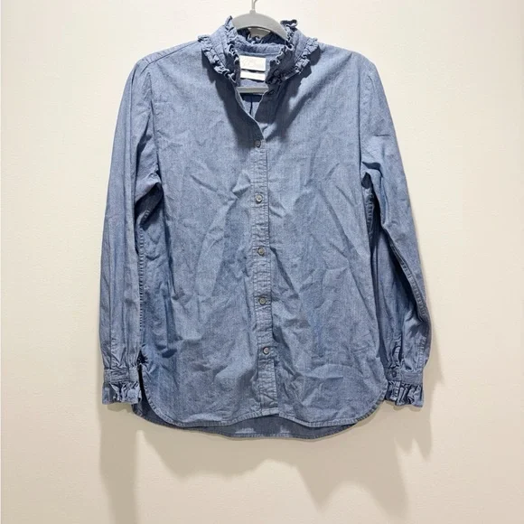J CREW • Women’s Classic Fit Ruffle Neck Cotton Chambray Denim Button Up Shirt - Picture 2 of 6